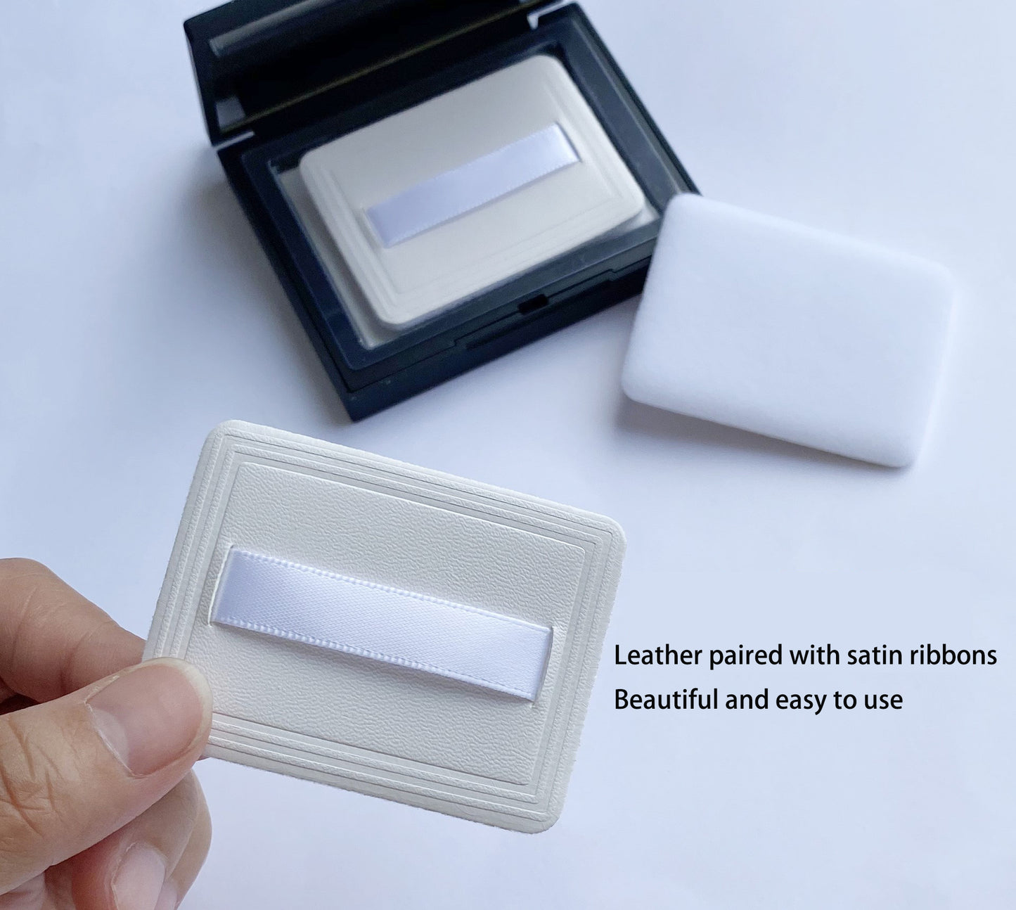 Soft Faux Leather Powder Puff ，rectangle pressed Powder puff with Ribbon，white 4 pcs